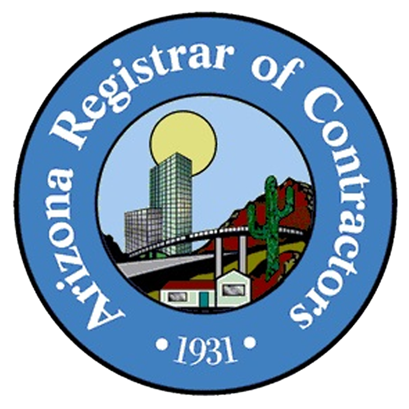 Arizona Registrar of Contractors logo featuring a desert landscape, skyscrapers, and a sun, representing the regulatory authority for contractors in Arizona.