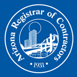 Arizona Registrar of Contractors logo featuring a blue background, depicting a stylized city skyline with cacti and the year "1931," representing professional standards in garage flooring solutions by Gear Up Garage.