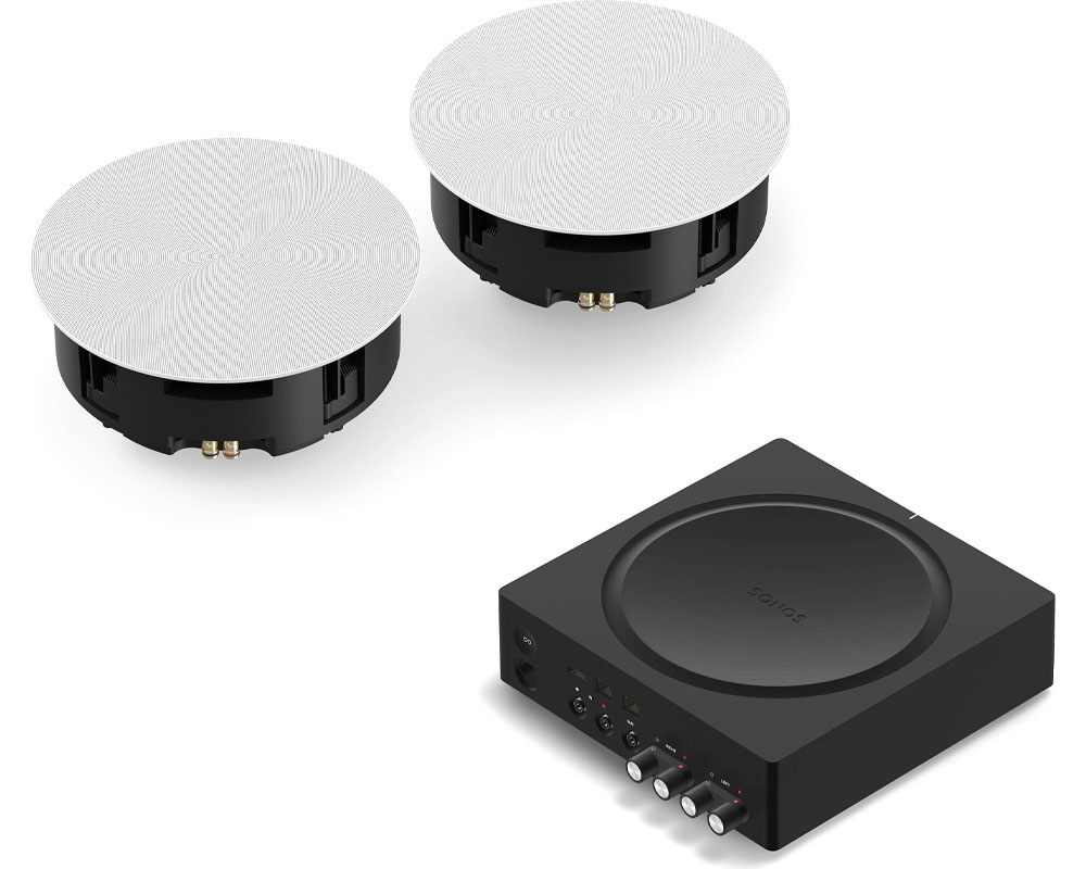 High-performance Sonos ceiling speakers and audio control unit for garage audio system installation, enhancing projects and workouts.