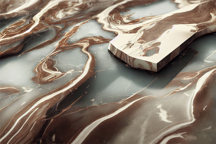 Custom epoxy flooring with elegant marble-like patterns, showcasing a blend of rich browns and soft blues, ideal for garage transformations by Gear Up Garage.