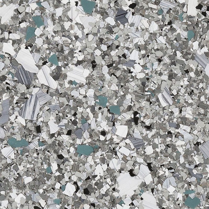 Turquoise and gray flake garage floor coating, showcasing a blend of textures and colors for durable and stylish garage finishes.