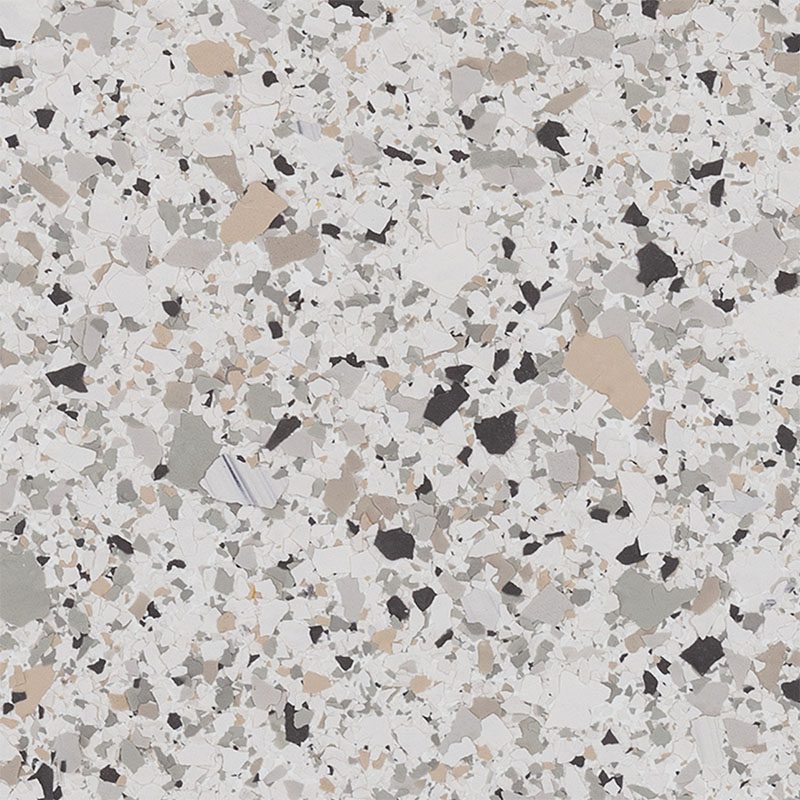 Limestone garage floor finish featuring a blend of gray, beige, and black flakes, showcasing a textured and stylish appearance for durable flooring solutions.