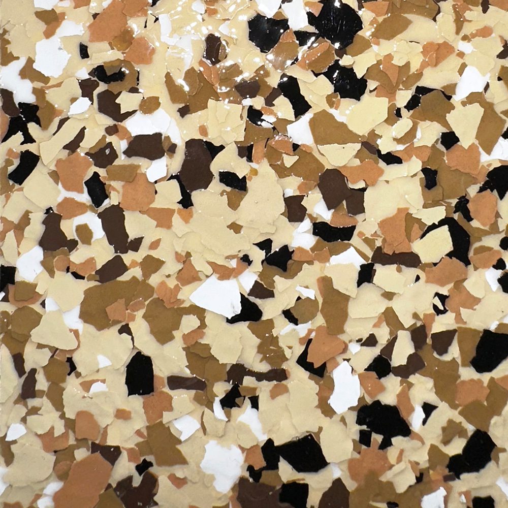 Saddle Tan garage floor finish featuring a blend of tan, beige, and black flakes, showcasing natural texture and style for garage makeovers.